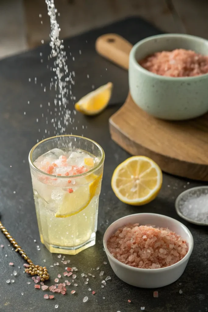 Pink salt being added to lemon water detox drink
