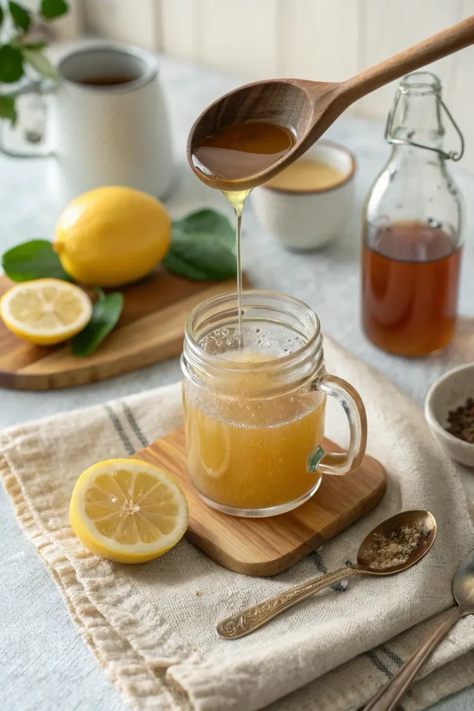 Spoon pouring apple cider vinegar and fresh lemon into mug
