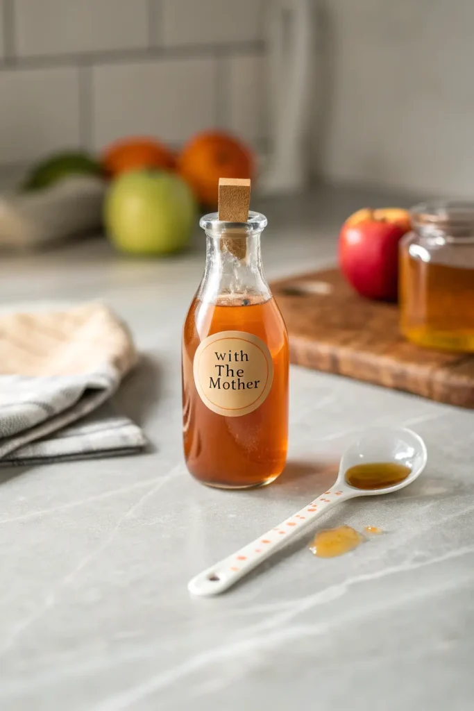 A glass bottle of raw apple cider vinegar with a measuring spoon
