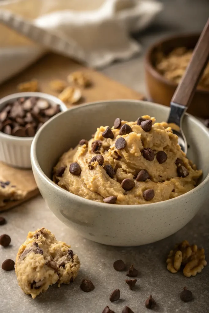 Banana chocolate chip cookie dough loaded with chocolate chips and walnuts in a mixing bowl.