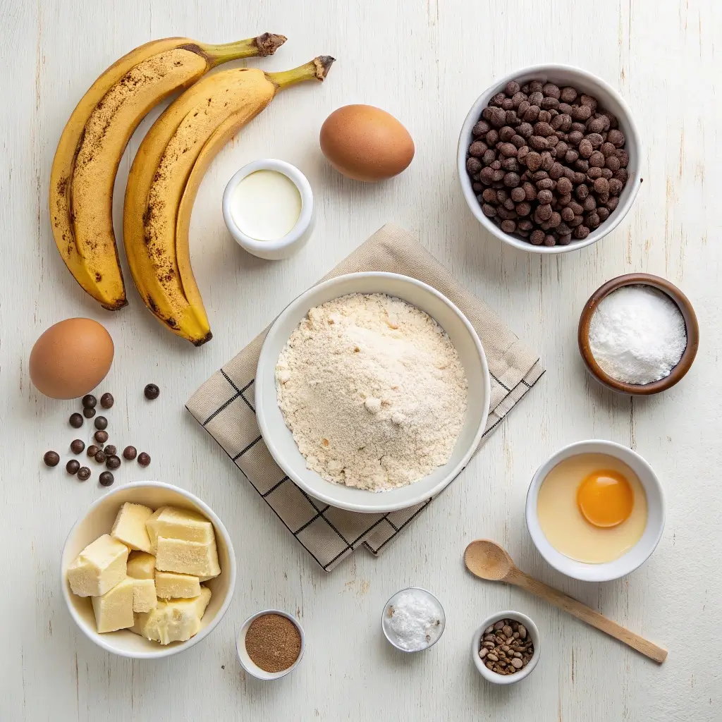 Ingredients for banana chocolate chip cookies including ripe bananas, flour, sugars, butter, egg, and chocolate chips arranged neatly on a kitchen counter.