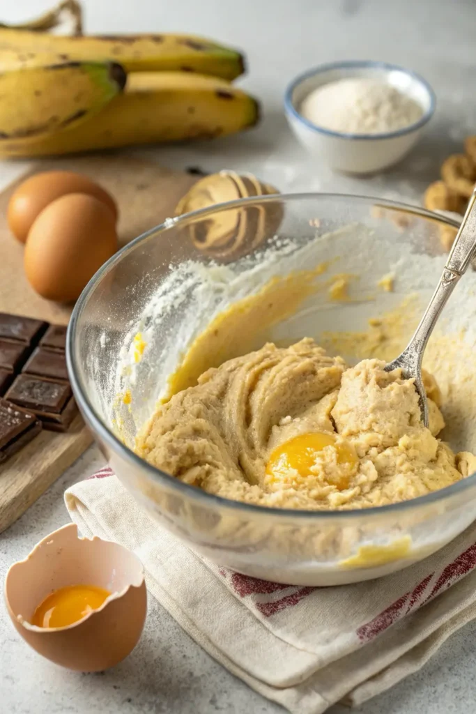 Cookie batter in a mixing bowl after adding mashed bananas and other wet ingredients.