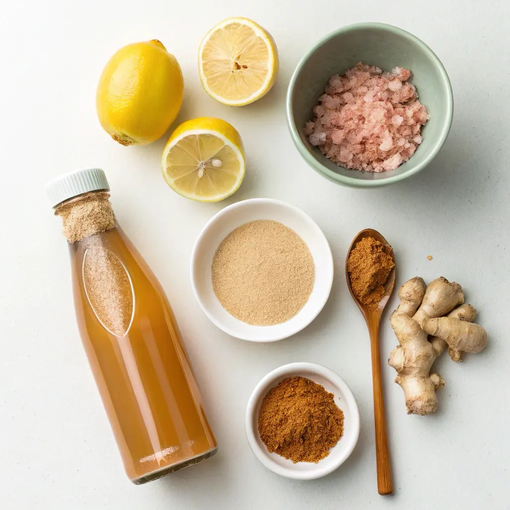 Ingredients for Brazilian Mounjaro recipe detox drink including lemon, ACV, ginger, and spices