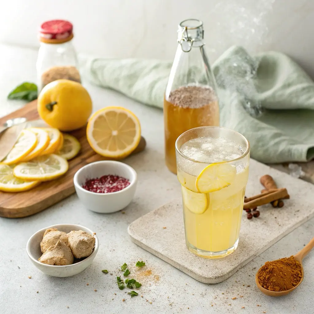 Glass of Brazilian Mounjaro detox drink with lemon, apple cider vinegar, and ginger