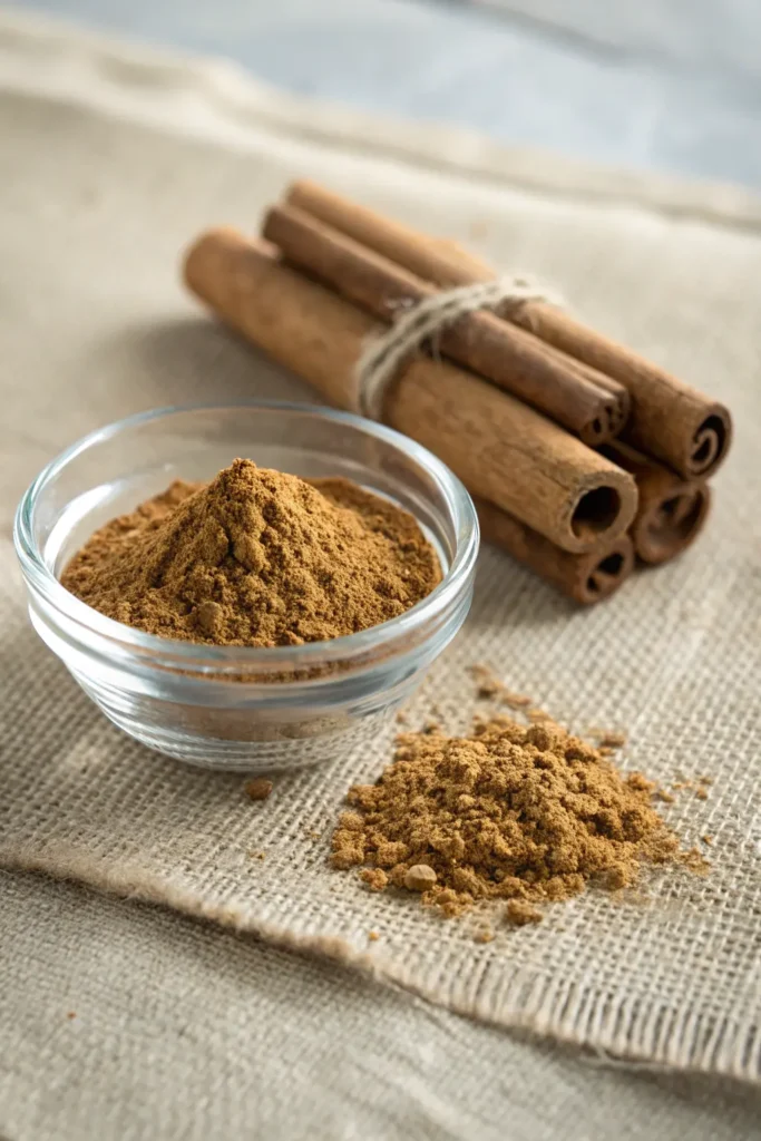 Ground Ceylon cinnamon with cinnamon sticks on a neutral surface