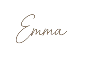 Handwritten script logo of the name Emma in elegant cursive on a soft background.