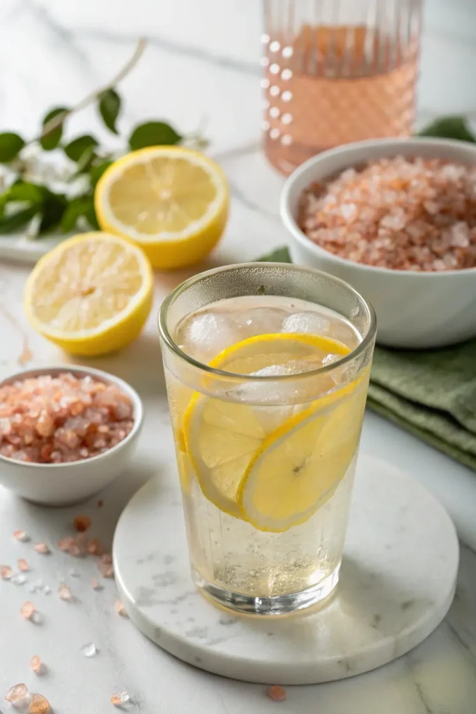 Final glass of pink salt trick recipe and lemon water on marble surface