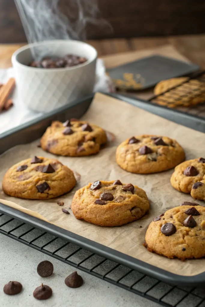 Golden-brown banana chocolate chip cookies fresh from the oven, cooling on a rack or baking sheet.