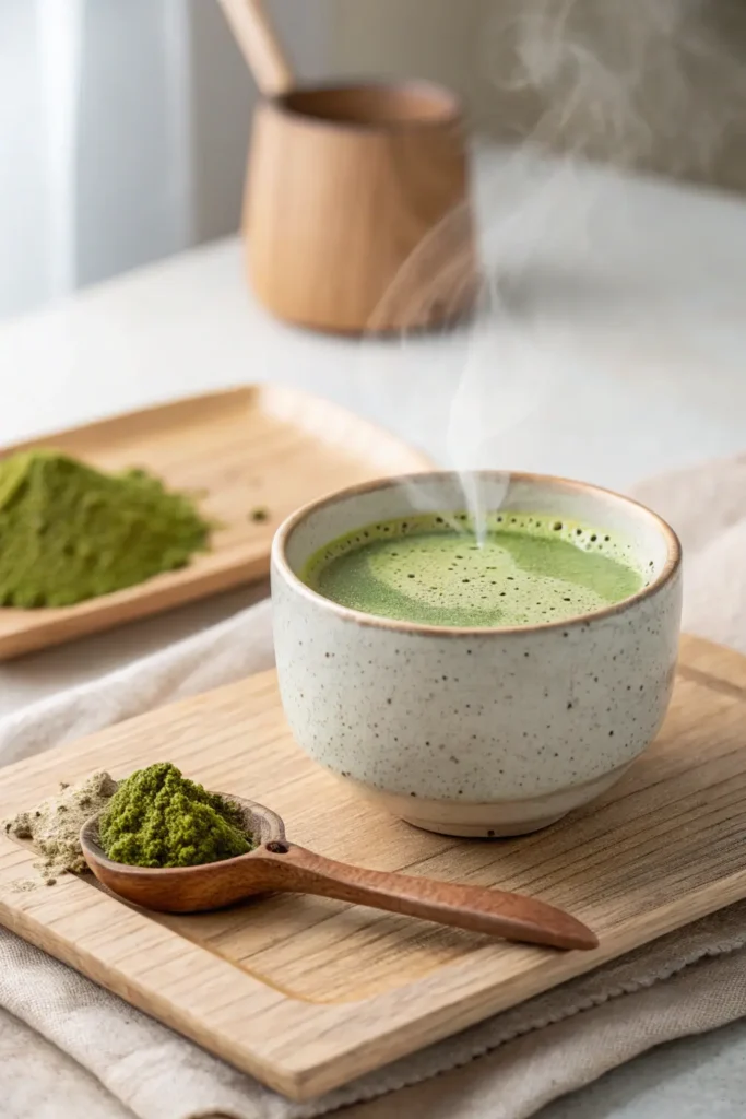 Freshly brewed green tea in a ceramic cup with loose leaves beside it