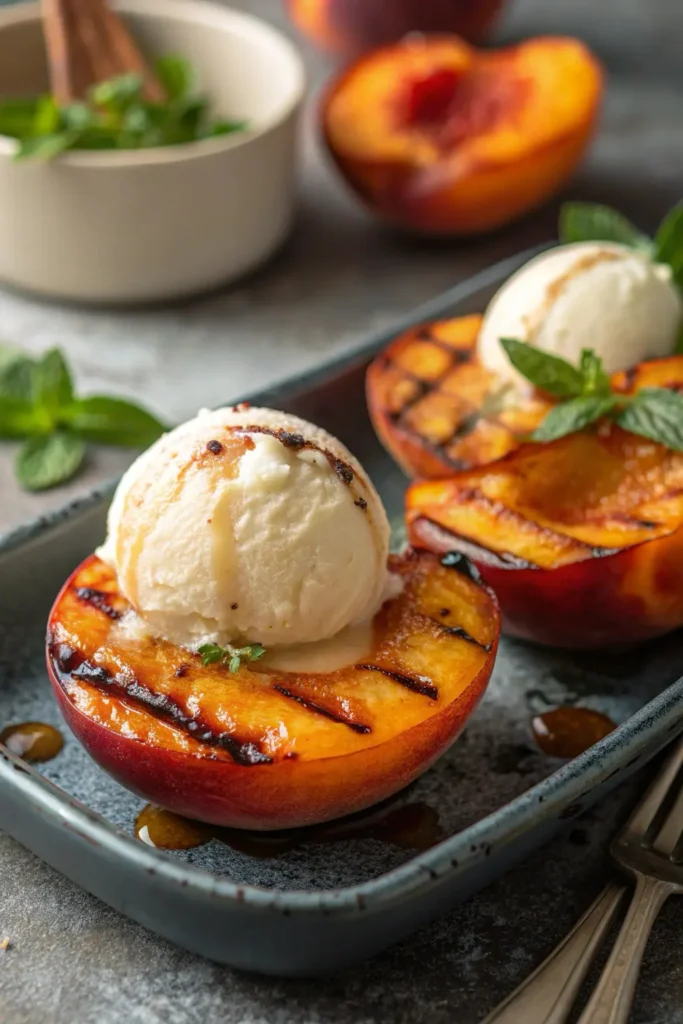 Close-up of two perfectly grilled peach halves with melting vanilla ice cream and caramelized edges.