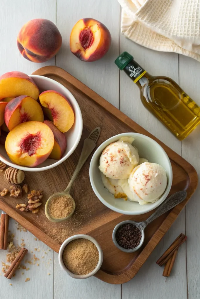 Flat lay of fresh peaches, vanilla ice cream, brown sugar, cinnamon, and olive oil for grilling.
