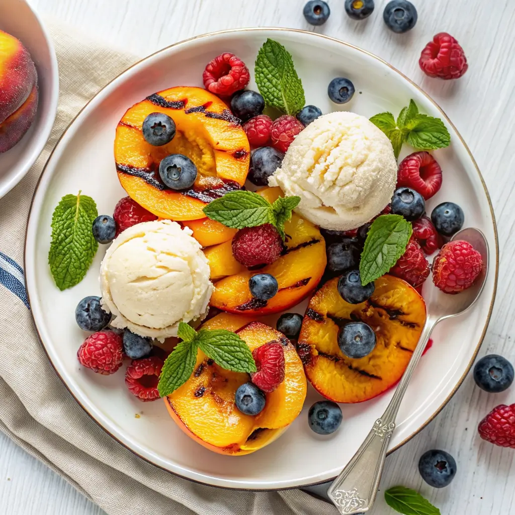Close-up of perfectly grilled peaches with vanilla ice cream and fresh mint.