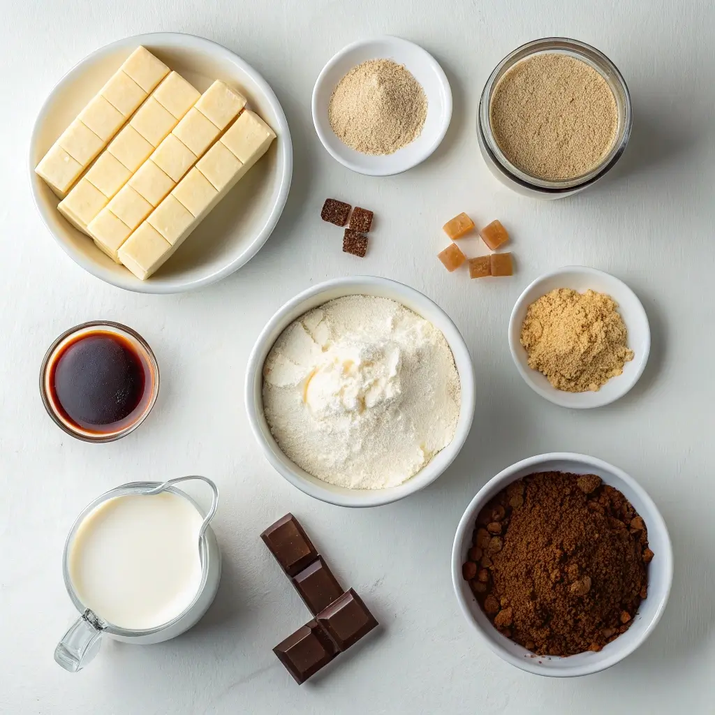Flat lay of ingredients for no-bake coffee cheesecake on a white surface
