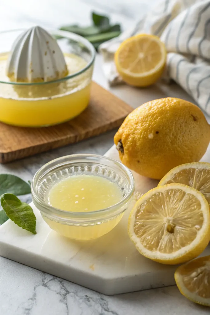 Fresh lemon juice in a glass bowl with halved lemon nearby