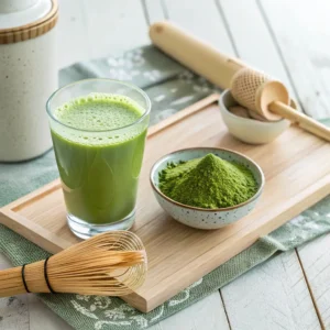 Matcha green tea shot served in a small clear glass with a frothy green top