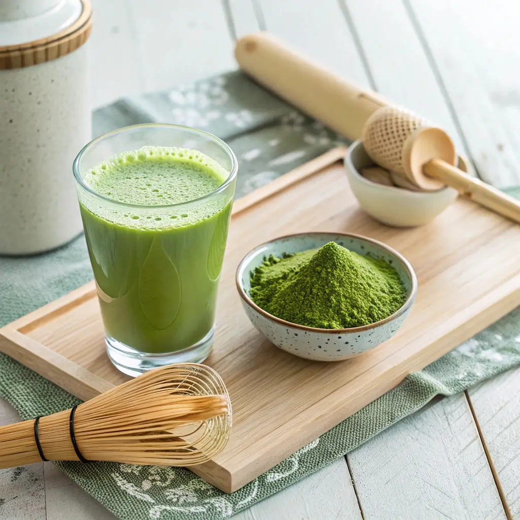 Matcha green tea shot served in a small clear glass with a frothy green top