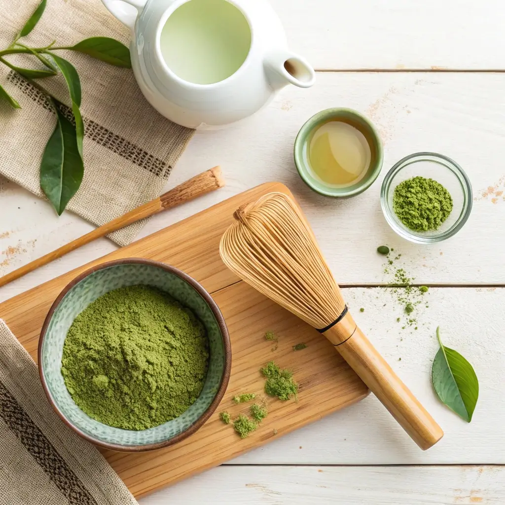 Matcha green tea shot ingredients laid out on a countertop