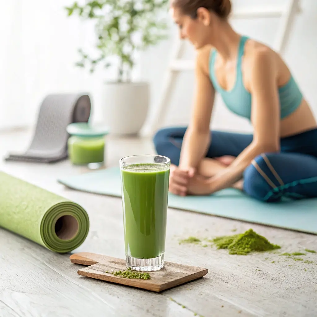 Woman holding a matcha shot before a morning workout