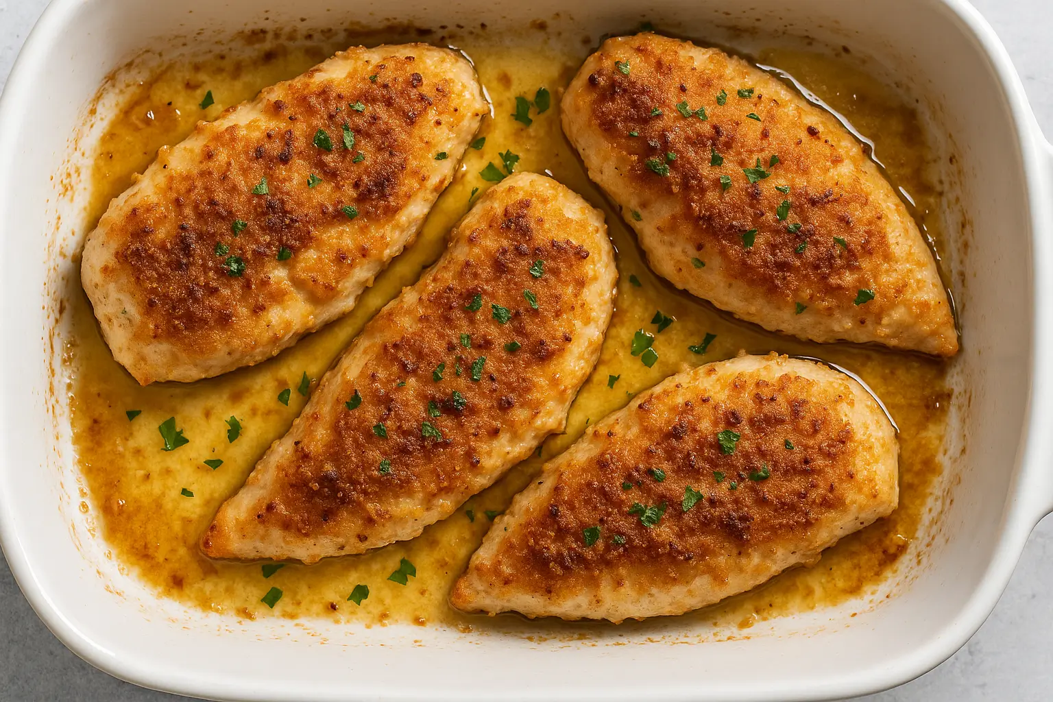 Mayo chicken breast recipe baked in a white dish with golden crust