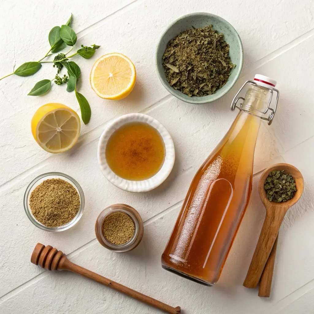 Flat lay of green tea, ACV, lemon, honey, cinnamon, and warm water for natural zepbound recipe