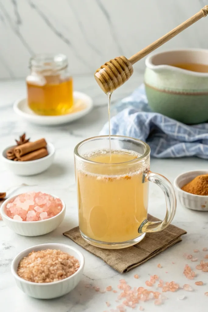 Optional honey, cinnamon, and pink salt being added to Brazilian detox drink
