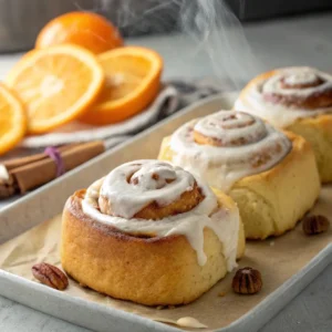 Freshly baked homemade orange cinnamon rolls with creamy orange cream cheese frosting and bright orange zest.