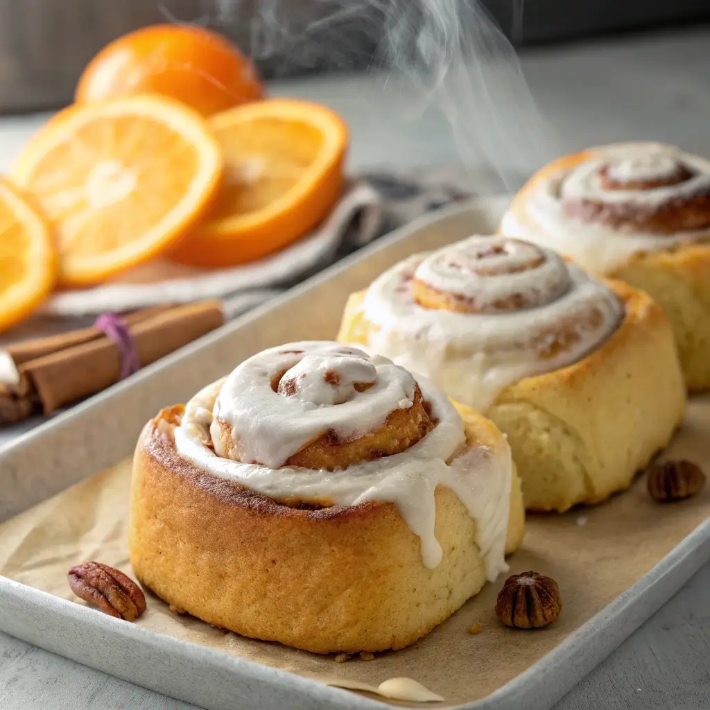 Freshly baked homemade orange cinnamon rolls with creamy orange cream cheese frosting and bright orange zest.