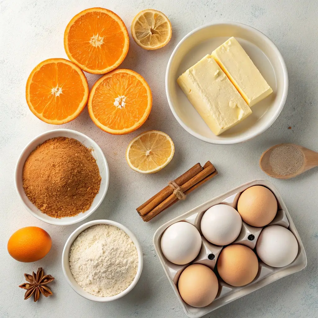 Key ingredients for homemade orange cinnamon rolls: oranges, cinnamon, sugar, butter, eggs, flour, zest.