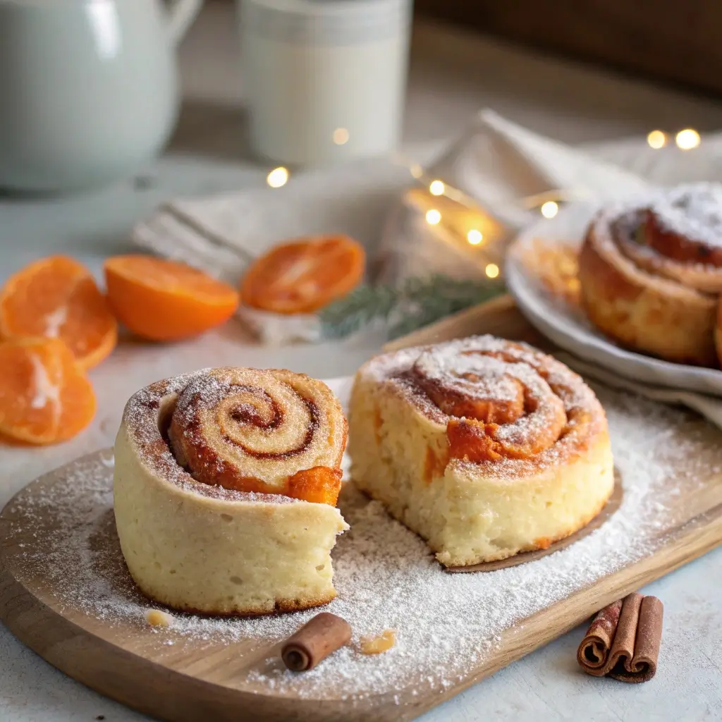 Soft and fluffy homemade orange cinnamon rolls showing their delicious layers.