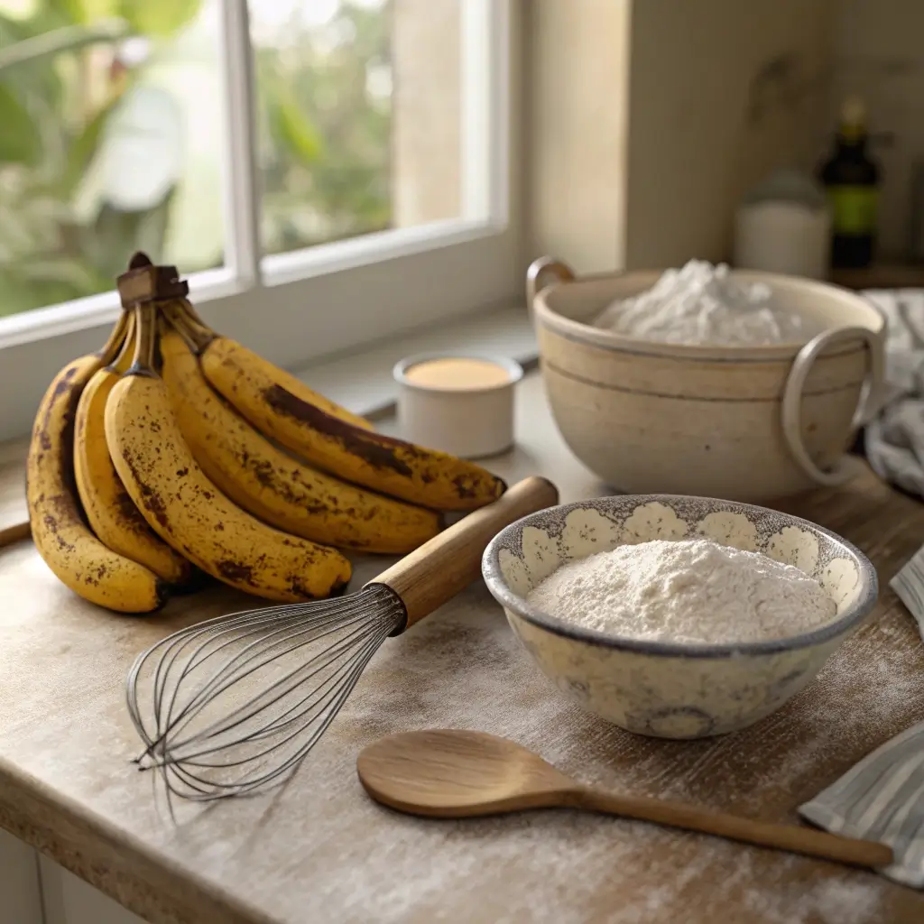 Overripe bananas on a kitchen counter next to a mixing bowl and flour, ready for baking.