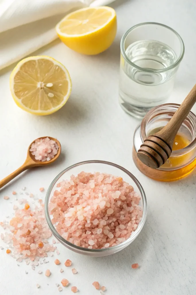 Flat lay of lemon, pink Himalayan salt, and warm water for detox drink