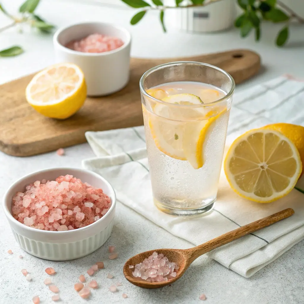Glass of lemon and pink salt water with ingredients on marble surface