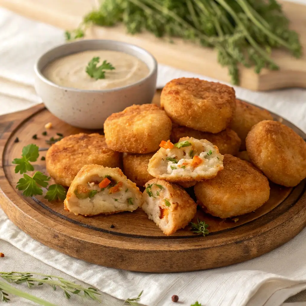 Golden, crispy pot pie chicken nuggets with savory filling on a platter.