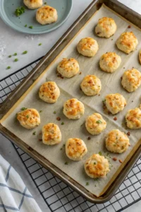 Baking sheet filled with assembled pot pie chicken nuggets, brushed with egg wash, ready for the oven.