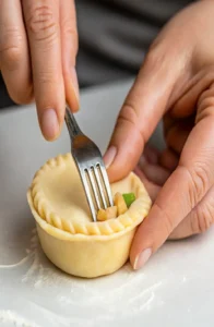 Close-up of hands brushing egg wash on filled pie crust, topping with another circle and crimping edges.