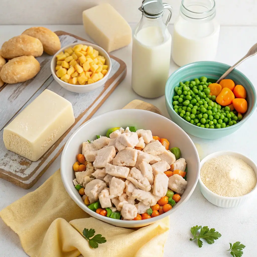 Assortment of fresh ingredients for pot pie chicken nuggets, including chicken, mixed vegetables, butter, and pie crust.