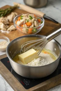 Hands whisking butter and flour in a saucepan to make sauce, next to bowl of chicken and vegetables.