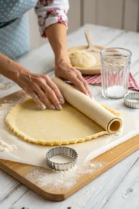 Hands unrolling a sheet of pie crust on a floured surface with a round cookie cutter nearby.
