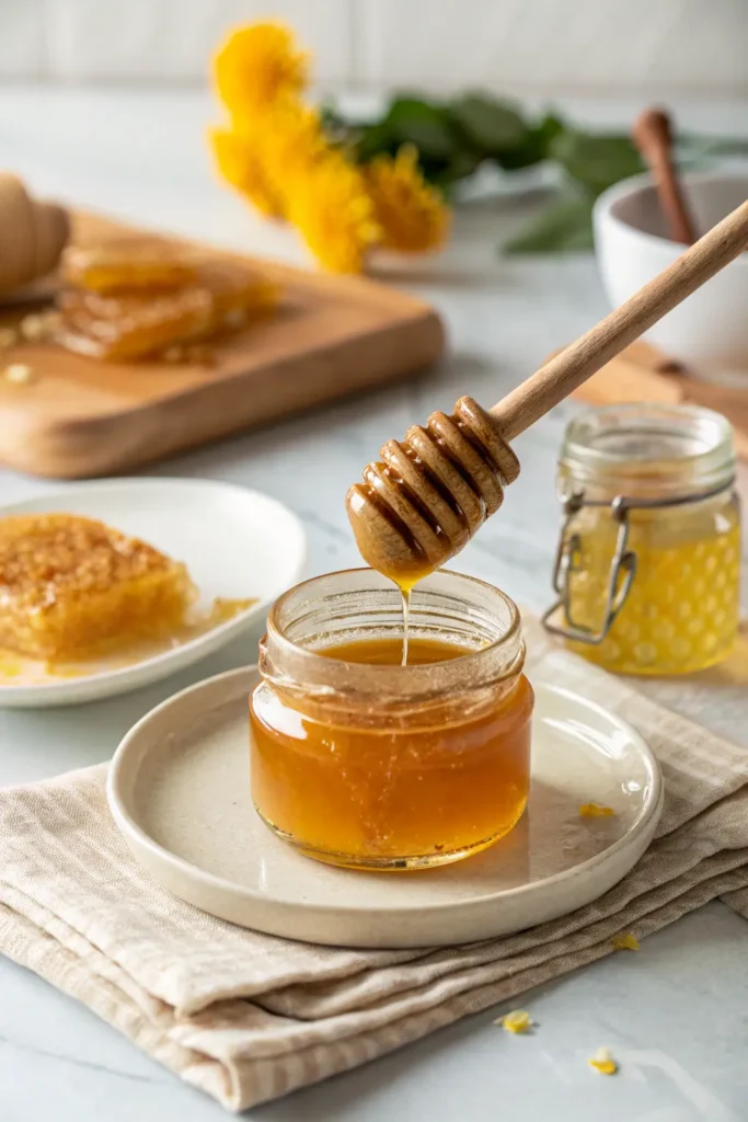 Raw honey in a glass jar with a honey dipper