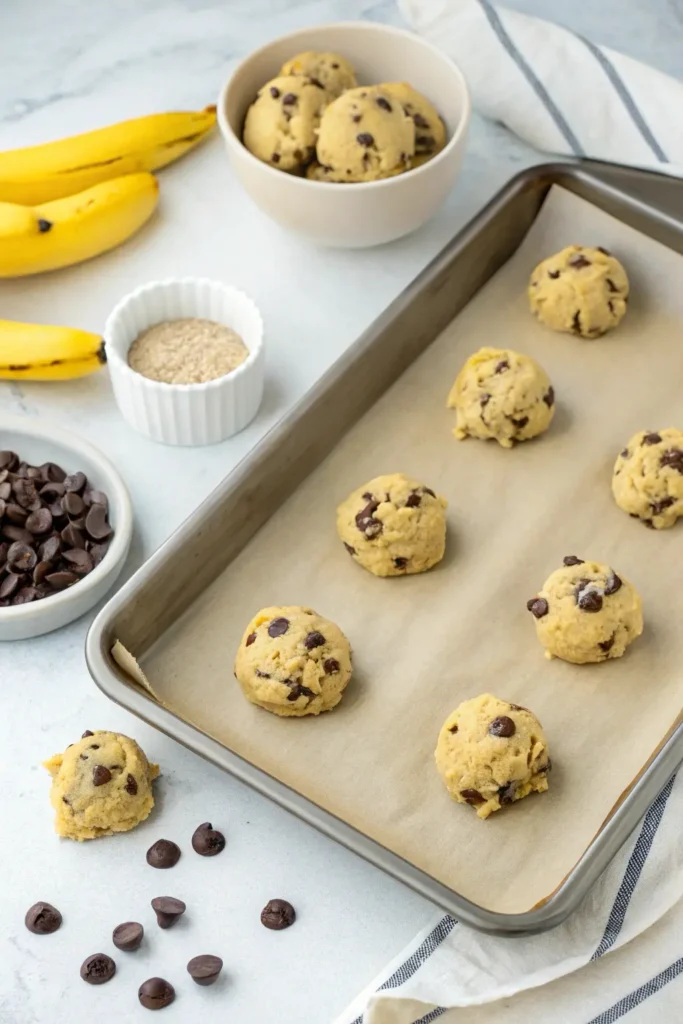 Scoops of banana chocolate chip cookie dough on a parchment-lined baking sheet before baking.