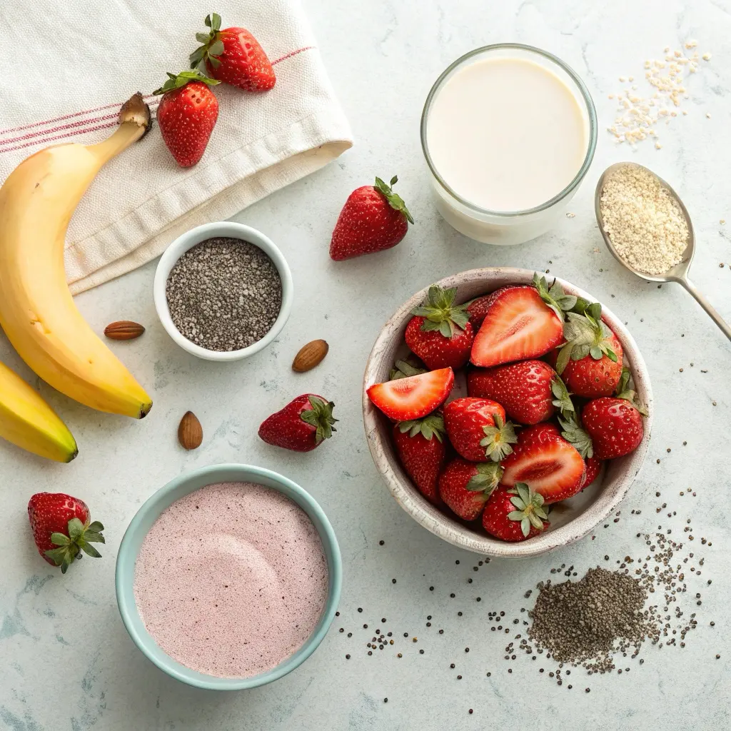 Strawberry protein shake ingredients.