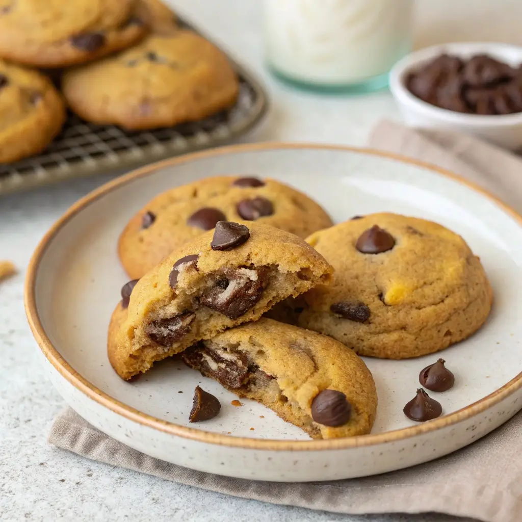 Close-up of soft and chewy banana chocolate chip cookies on a plate, with melted chocolate visible.
