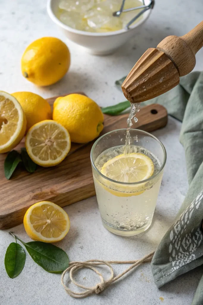 Fresh lemon juice being squeezed into a glass