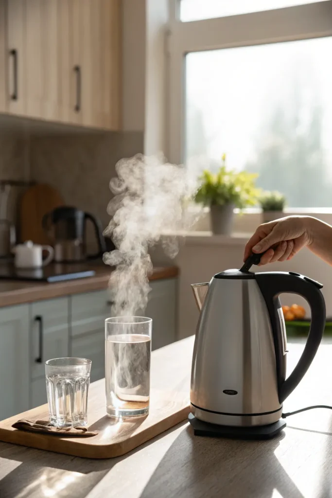 A glass of warm water is placed near a steaming kettle on a kitchen counter.