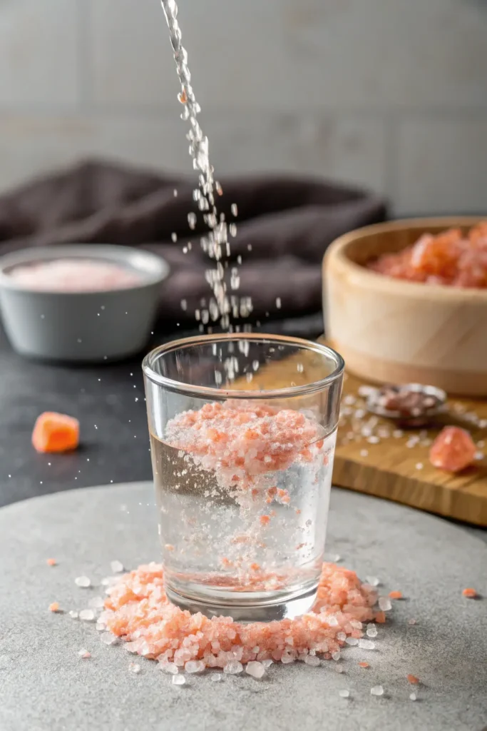 A pinch of pink Himalayan salt being added to a glass of warm water.