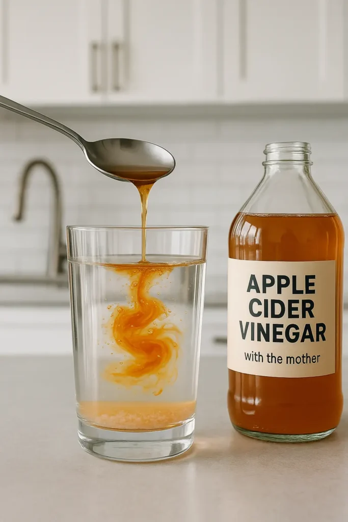 Apple cider vinegar being poured into warm water with pink Himalayan salt already in the glass.