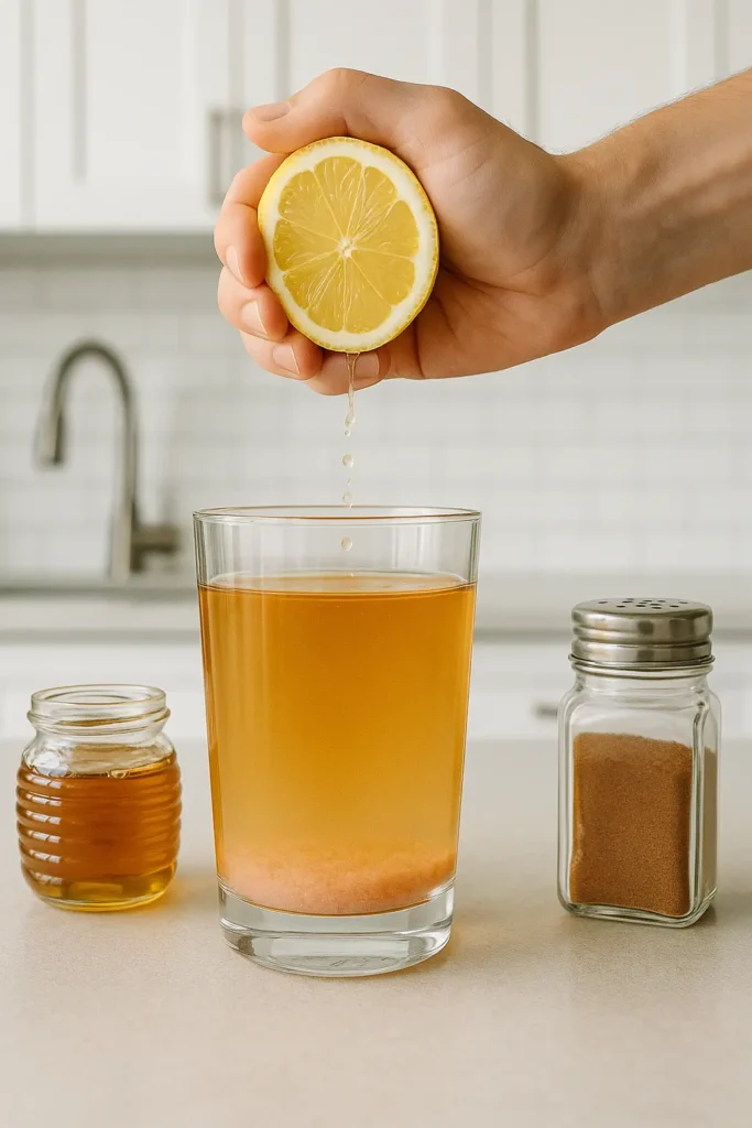 Lemon juice being squeezed into a glass of pink salt and apple cider vinegar water, with honey and cinnamon nearby.