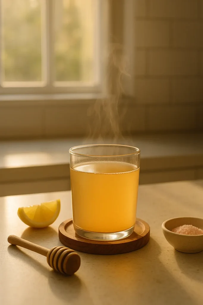 A warm glass of pink salt and ACV morning drink, with lemon and honey nearby on a calm kitchen counter.