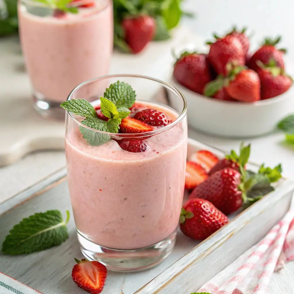 Fresh strawberry protein shake in a glass with berries.