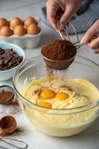 Adding cocoa powder and chocolate protein powder to the wet brownie batter in a large glass bowl.